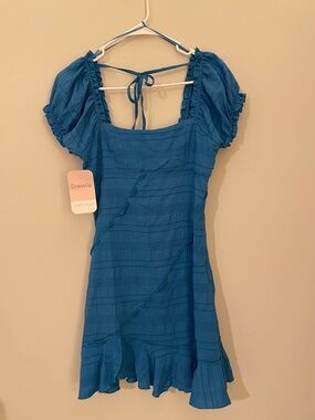 Blue Puff-Sleeve Mini Dress